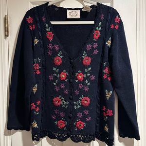 Vintage Erika Petite Blue & Multi Floral Embroidered Cardigan Women’s P. Medium